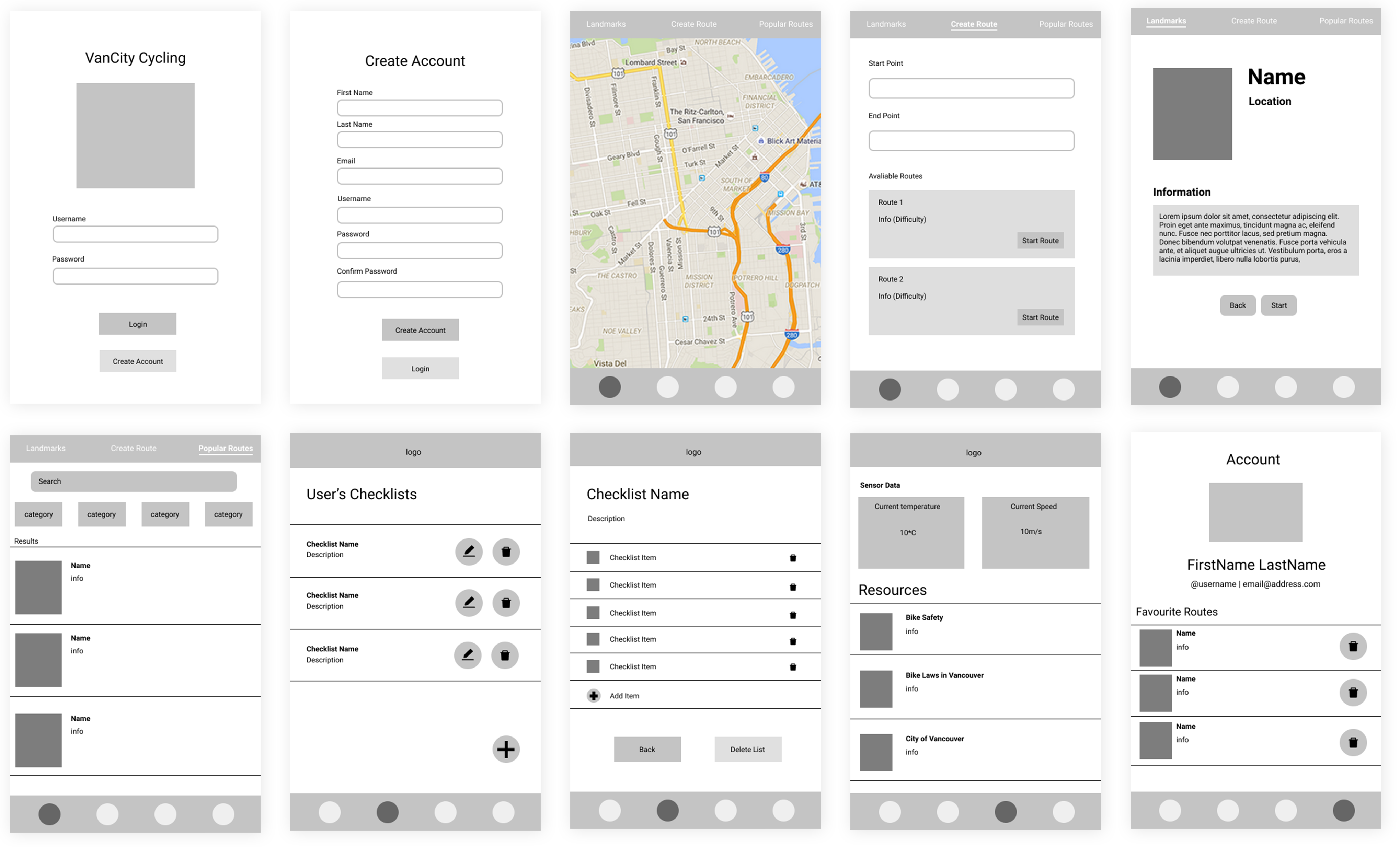 VanCity Cycling Wireframes
